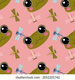 Seamless pattern with cute, cartoon frog and dragonflies. Vector pattern. Texture for fabric, clothing, wallpaper, wrapping paper, stationery.