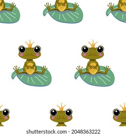 Seamless pattern with cute, cartoon frogs sitting on a water lily leaf. Vector childrens pattern. Texture for fabric, clothing, wallpaper, wrapping paper, stationery.