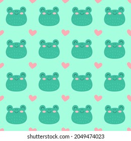 Seamless pattern with cute cartoon frogs and hearts isolated on green background