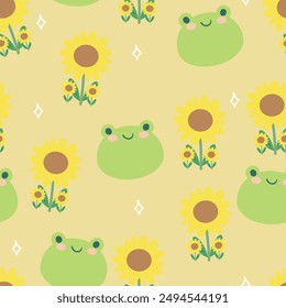 Seamless pattern with cute cartoon frogs and sunflowers, for fabric prints, textiles, gift wrapping paper. children's colorful vector, flat style