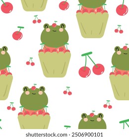 Seamless pattern with cute cartoon frogs, for fabric prints, textiles, gift wrapping paper. children's flat and colorful style