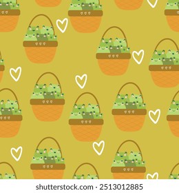 Seamless pattern with cute cartoon frogs in a basket, for fabric prints, textiles, gift wrapping paper. children's flat and colorful style