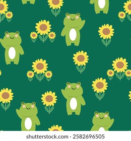 Seamless pattern with cute cartoon frogs and sunflowers, for fabric print, textile, gift wrapping paper. colorful for children, flat style