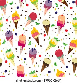 Seamless pattern with cute cartoon fruit ice cream for fabric print, textile, gift wrapping paper. colorful vector for textile, flat style