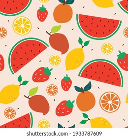 Seamless pattern with cute cartoon fruits for fabric print, textile, gift wrapping paper. colorful vector for kids, flat style