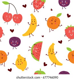 Seamless pattern with cute cartoon fruits: Apricot, banana, cherry, lemon, blueberries and raspberries. Vector background.