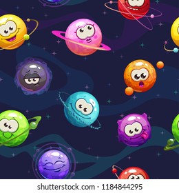 Seamless pattern with cute cartoon funny planets. Vector childish space texture.