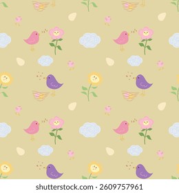 Seamless pattern of cute cartoon funny birds in different poses on light background, eggs, nest, flowers. Easter spring background. children's decor. Design of textiles, fabric, packaging. hand drawn.