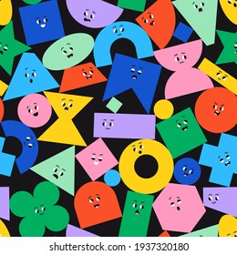 Seamless pattern with cute cartoon geometric figures with different face emotions. Colorful funny characters, trendy vector illustration, various basic figures. Poster for kids.