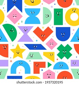 Seamless pattern with cute cartoon geometric figures with different face emotions. Colorful funny characters, trendy vector illustration, various basic figures. Poster for kids.