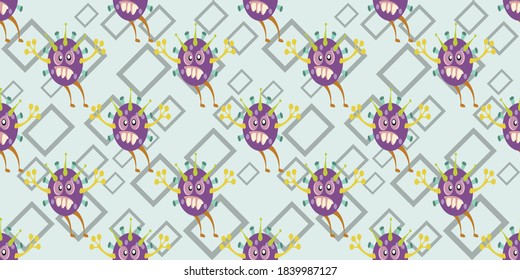 Seamless pattern of Cute cartoon germ in flat style design isolated on rectangle stroke background. Bacteriology concept design. Cartoon microbes. Vector illustration eps10.
