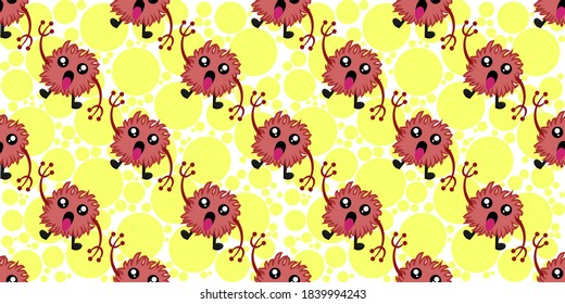 Seamless pattern of Cute cartoon germ in flat style design isolated on yellow circle fill background. Bacteriology concept design. Cartoon microbes. Vector illustration eps10.
