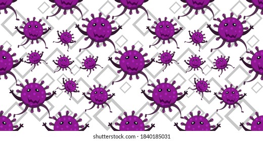 Seamless pattern of Cute cartoon germ in flat style design isolated on rectangle stroke background. Bacteriology concept design. Cartoon microbes. Vector illustration eps10.

