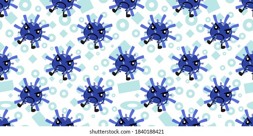 Seamless pattern of Cute cartoon germ in flat style design isolated on memphis element background. Bacteriology concept design.
