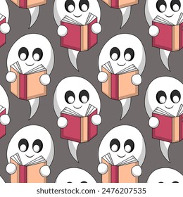 Seamless pattern with Cute cartoon Ghost read book