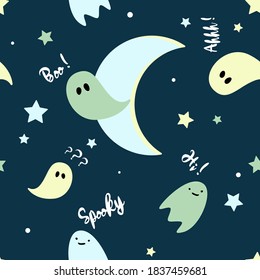 Seamless pattern of cute cartoon ghosts, night sky halloween background.