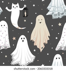 Seamless pattern with cute cartoon ghosts in vintage sheets dressing. Halloween party vector illustration.
