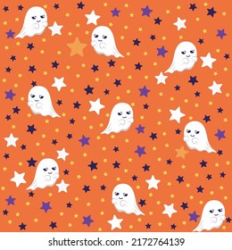 Seamless pattern with cute cartoon ghosts and colorful stars on orange background. Print for kids clothes, holiday wrapping, funny Halloween design. Vector flat design illustration