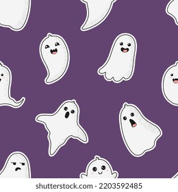 Seamless pattern with cute cartoon ghosts. White ghosts on violet background. Halloween illustration. Background for wrapping paper, greeting cards and seasonal designs.
