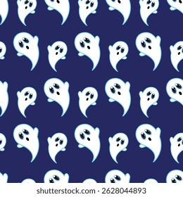 Seamless pattern with cute cartoon ghosts in flat style on dark blue background. Perfect for Halloween fabrics, kids’ notebooks, gift wrap, party decor, and spooky-themed products.