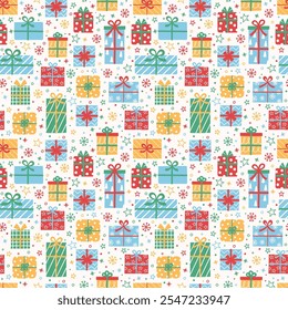 Seamless pattern with cute cartoon gift boxes. Christmas background design. Banner. Vector illustration