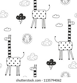 Seamless pattern with cute cartoon giraff and clouds. Vector texture in doodle style great for fabric and textile, wallpapers, backgrounds. Scandinavian style.