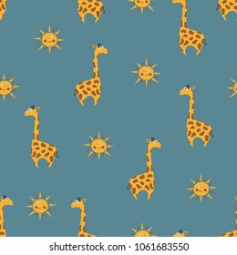 Seamless pattern with cute cartoon giraffe and sun. Vector background.