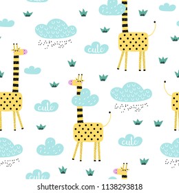 Seamless pattern with cute cartoon giraffe and clouds. Vector texture in doodle style great for fabric and textile, wallpapers, backgrounds. Scandinavian style.