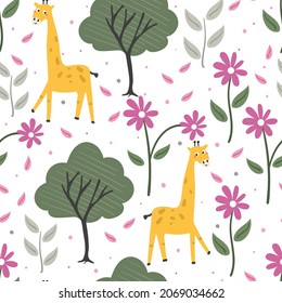 Seamless pattern with cute cartoon giraffe and plant for fabric print, textile, gift wrapping paper. colorful vector for textile, flat style