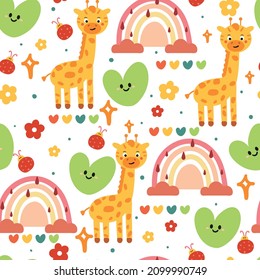 nahtlose Muster süße Cartoon Giraffe mit süßem Zeug. Stoffdruck, Geschenkpapier, Kinderhintergrund