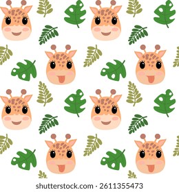 Seamless pattern with cute cartoon giraffe faces and tropical green leaves on a white background. Fun, jungle-themed design perfect for kids and nursery decor.