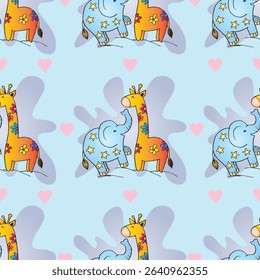 Seamless pattern with cute cartoon giraffe and elephant in love with hearts. Vector illustration.