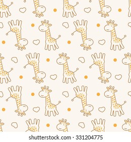 Seamless Pattern With Cute Cartoon Giraffe And Heart. Baby Pattern. 