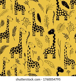 Seamless pattern with cute cartoon giraffes and plantes