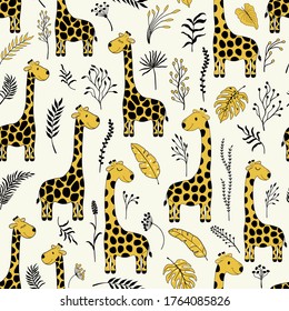 Seamless pattern with cute cartoon giraffes and plantes