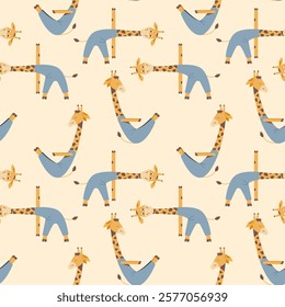 Seamless pattern with cute cartoon giraffes in yoga poses. Vector repeat texture for kids textile. Funny animals wallpaper.