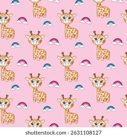 Seamless pattern with cute cartoon giraffes and rainbows on pink background. Ideal for kids fabric, nursery decor, notebooks, baby shower items, wallpapers, packaging, and playful branding.