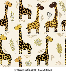 Seamless pattern with cute cartoon giraffes 