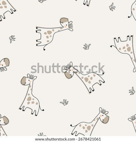 Seamless pattern with cute cartoon giraffes, minimalist safari animal vector illustration for kids textile, baby wallpaper, nursery decor, surface design, playful and modern artwork