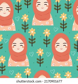 seamless pattern cute cartoon girl with hijab and flower. moslem girl wallpaper