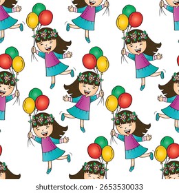 Modelo inconsútil con la muchacha linda de la historieta con los globos. Ilustración vectorial.