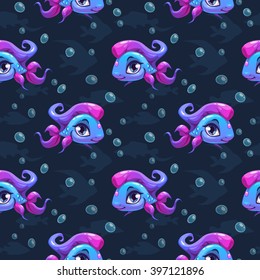 Seamless pattern with cute cartoon girl fish, vector kids texture