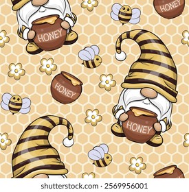 Seamless pattern with cute cartoon gnome, honey, bees and flowers. Vector illustration of dwarf man on a honeycomb background.