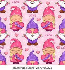 Seamless pattern with cute cartoon gnomes. Holiday Vector illustration on a pink background with dwarf man and woman, hearts and word love.