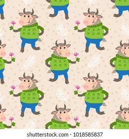 Seamless pattern with cute cartoon goat vector illustration