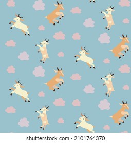 Seamless pattern with cute cartoon goats and pink clouds, baby blue background, vector illustration for kids