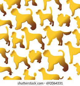 Seamless pattern with cute cartoon gold dog silhouettes. Different breeds. Vector illustration. Good for greeting cards, surface design, wrapping paper, handmade, decoupage, wallpapers, textile.  