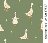 Seamless pattern with cute cartoon goose and flowers on green background. Animal kids print design. Happy Easter print in flat style. For textiles, clothing, bed linen, office supplies.