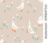 Заголовок: Seamless pattern with cute cartoon goose and flowers on beige background. Animal kids print design. Happy Easter print in flat style. For textiles, clothing, bed linen, office supplies.