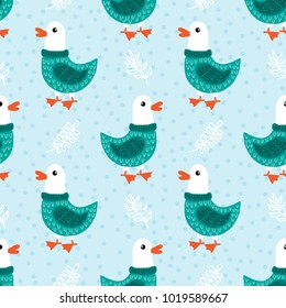 Seamless pattern with cute cartoon goose vector illustration